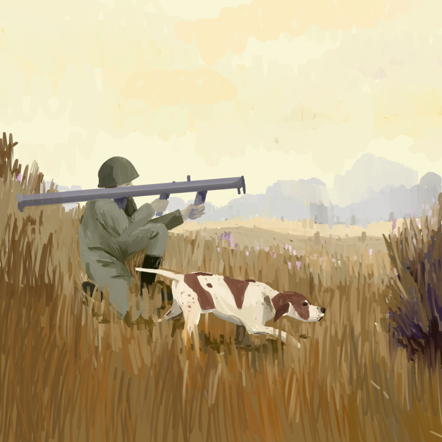 Illustration of a hunter with his dog carrying a bazooka instead of a shotgun, symbolizing global violence and imbalance.