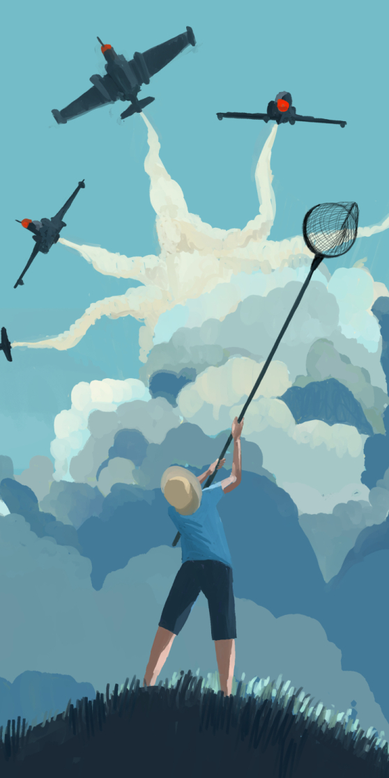 Illustration of a young boy holding a butterfly net, looking up as several fighter jets fly overhead.