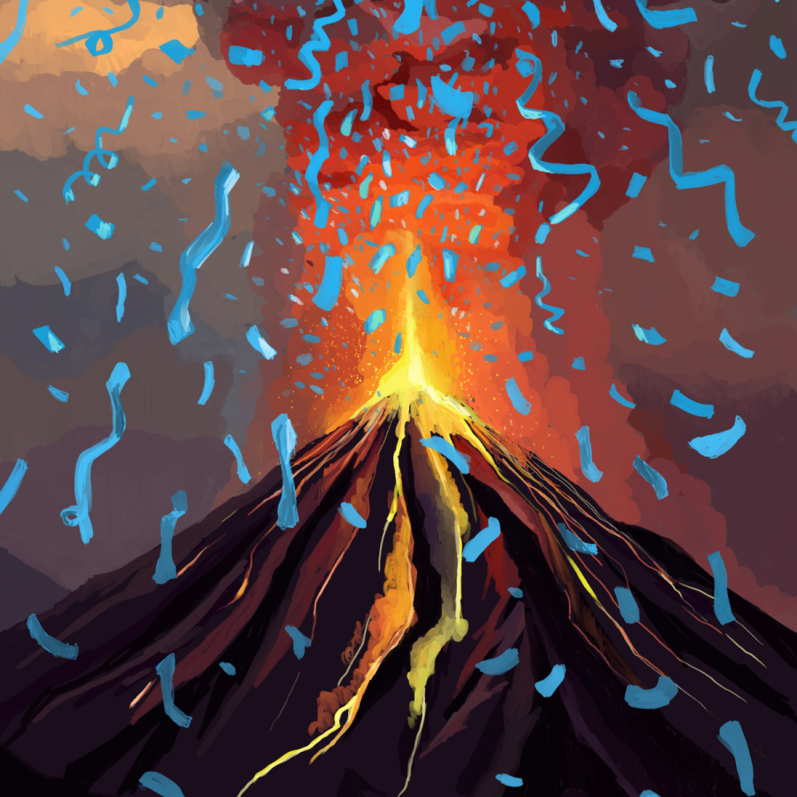 Illustration of a volcano erupting colorful confetti for a Volcano Choir gig poster, blending dramatic natural energy with playful celebration.