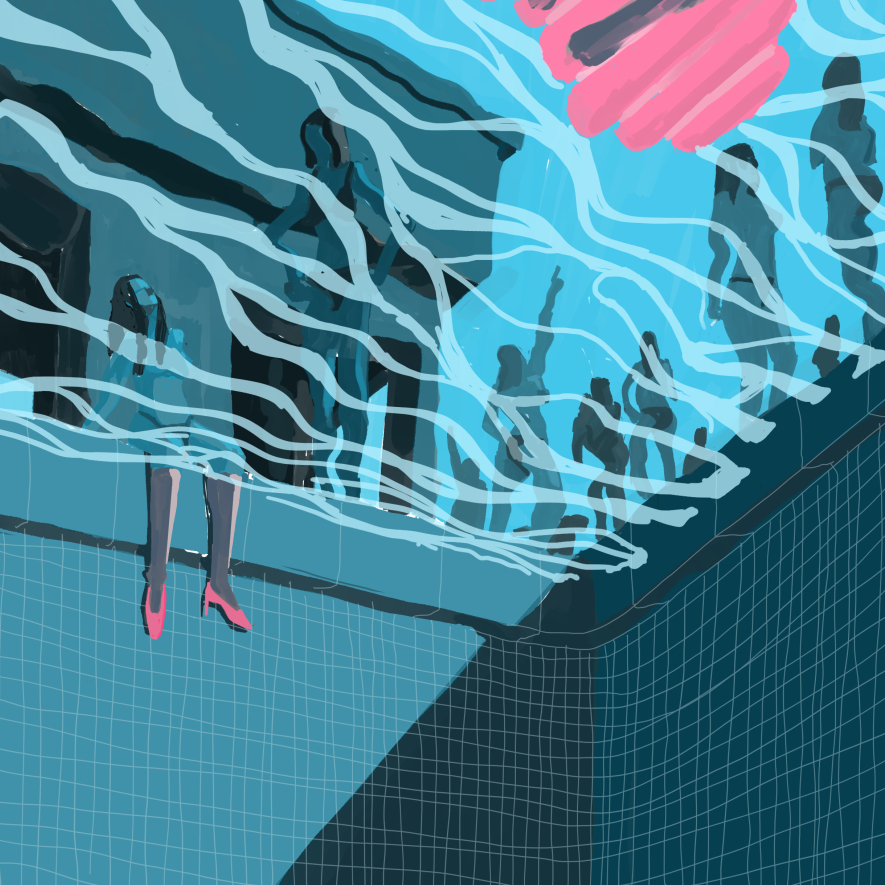 Book cover illustration for 'Women' by Charles Bukowski: underwater pool perspective surrounded by ethereal female figures, Henry Chinaski reclining on a floating pink raft above, in vibrant blues and pinks evoking submerged fantasy and hedonism.