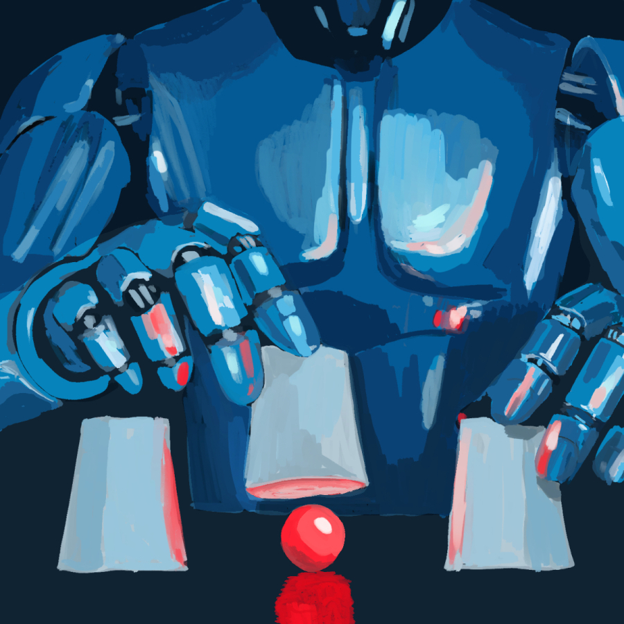 Editorial illustration of a robot acting as a thimblerig operator, symbolizing deceptive AI.