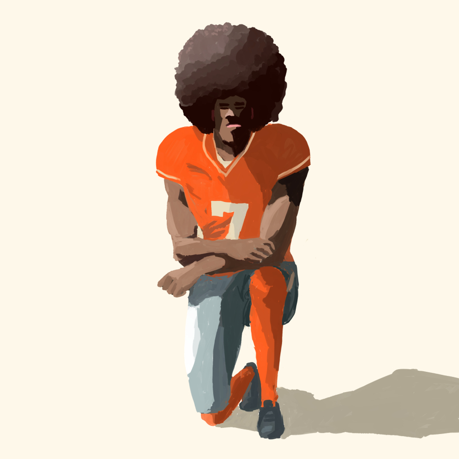 Editorial illustration of American football player Colin Kaepernick kneeling during the national anthem as a peaceful protest for Black rights and against police brutality.